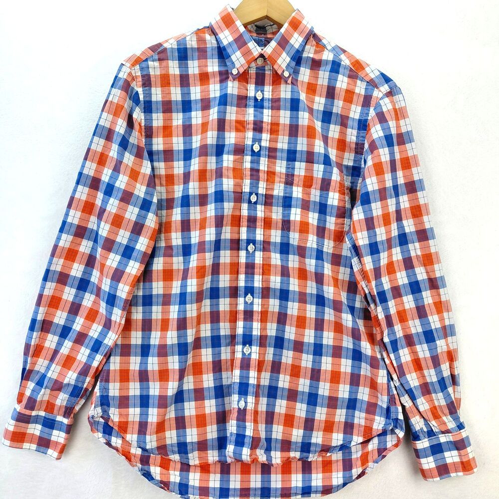 VTG Gitman Bros Shirt Men Medium Blue Orange Gingham Check Plaid Button Down USA